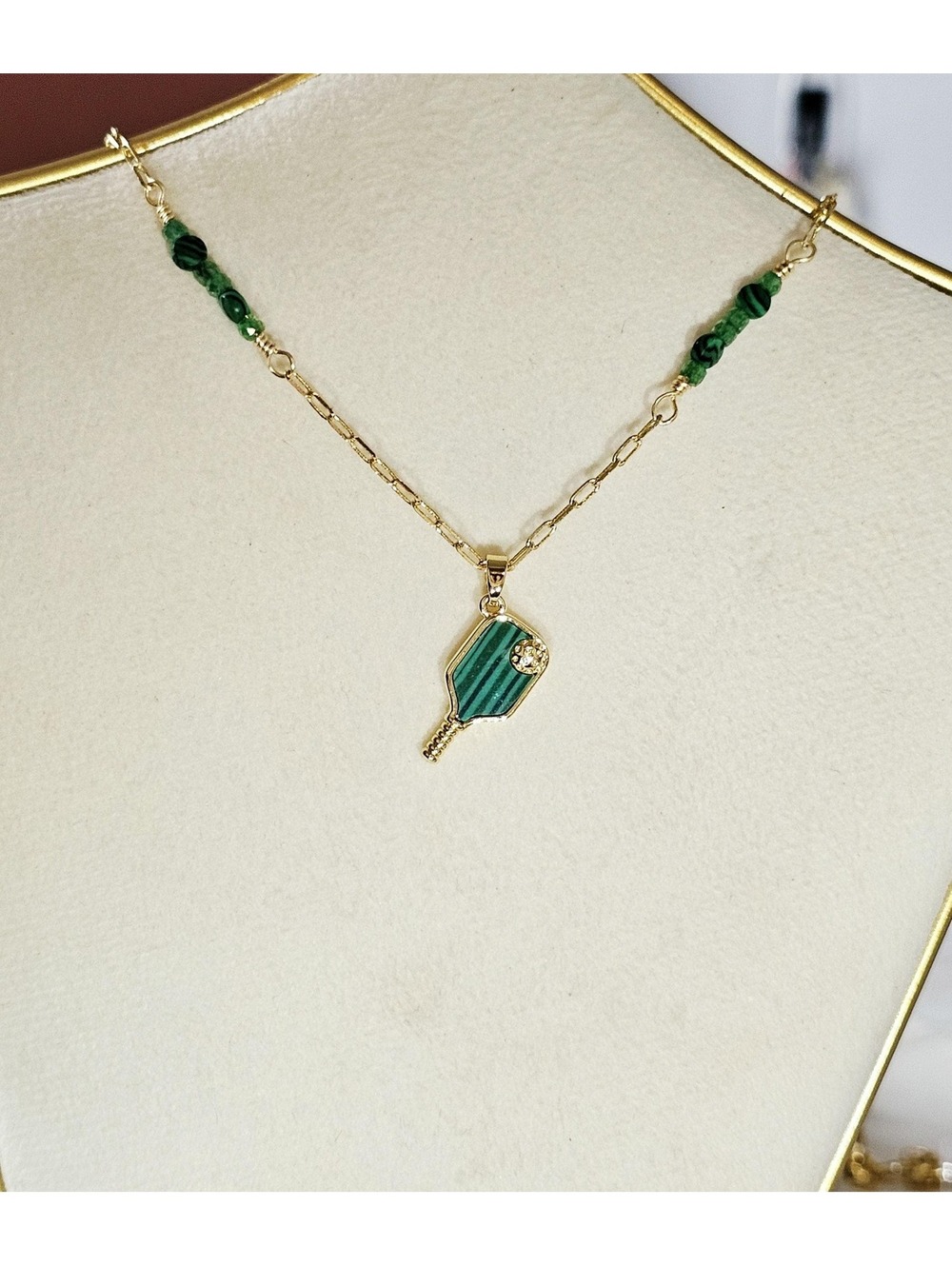 Green Malachite Pickleball Racket Pendant - Hand-beaded Gemstone Necklace